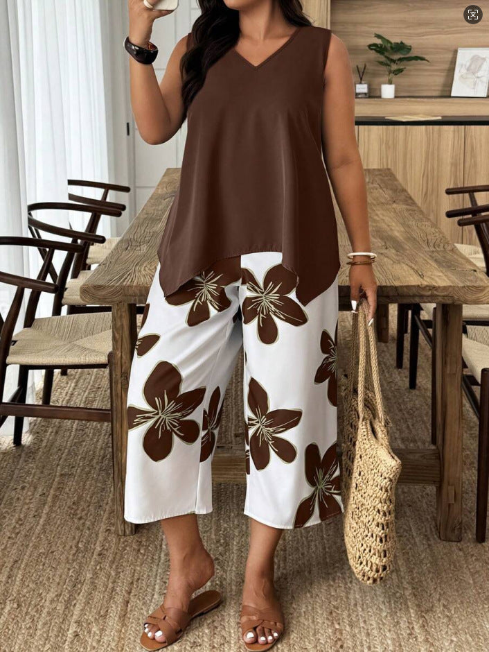 Women's Casual Elegant Printed Cropped Pants Set Brown