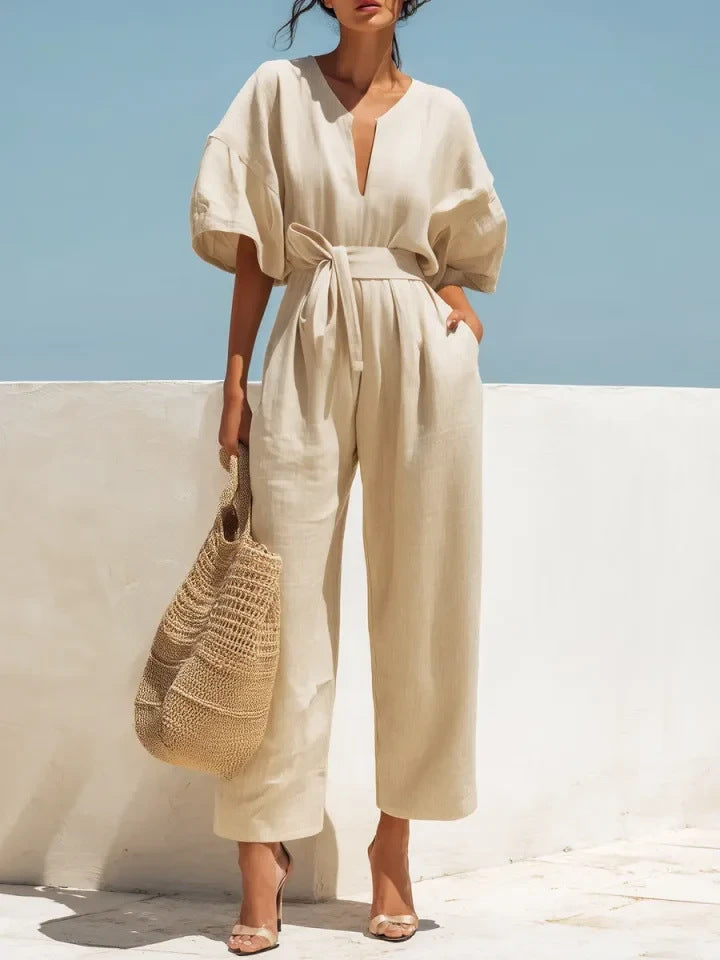 Fashionable V-Neck Solid Color Cotton-Linen Jumpsuit For Women Beige
