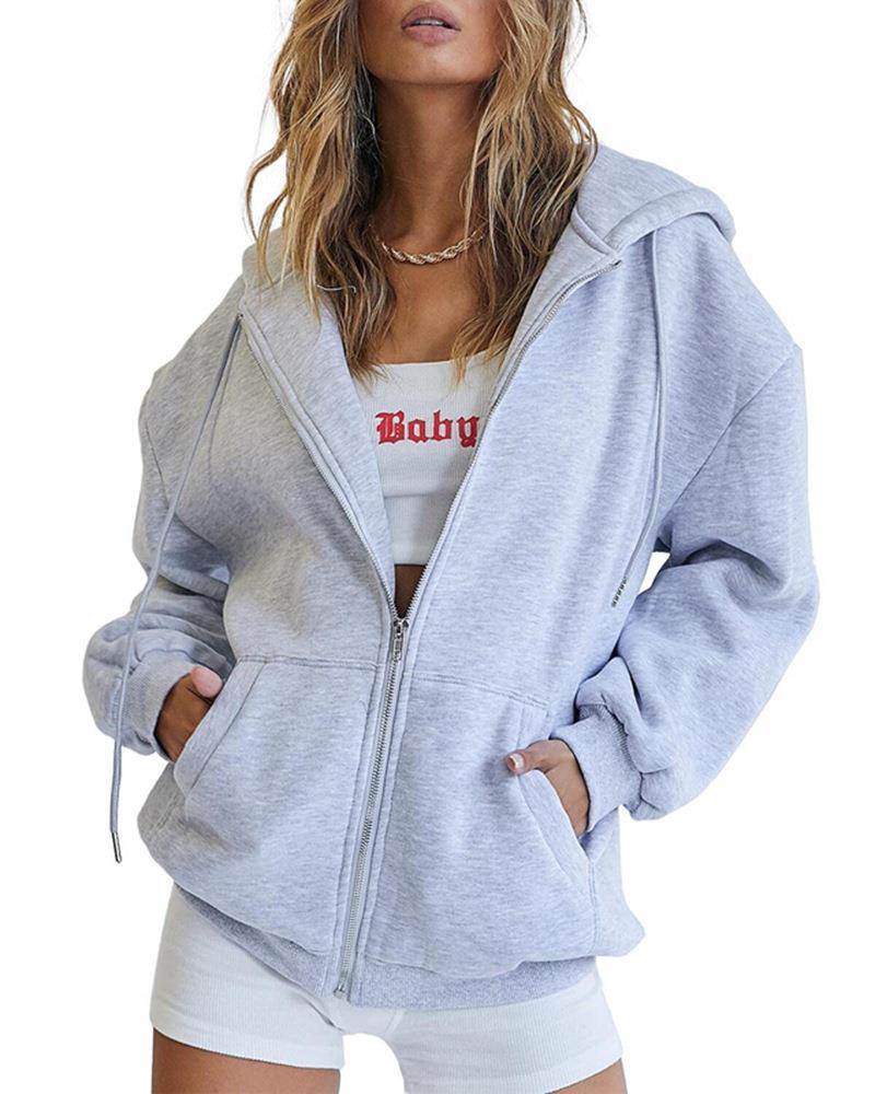 Women's Fashion Casual Solid Color Drawstring Zipper Hooded Sweatshirt Light Gray