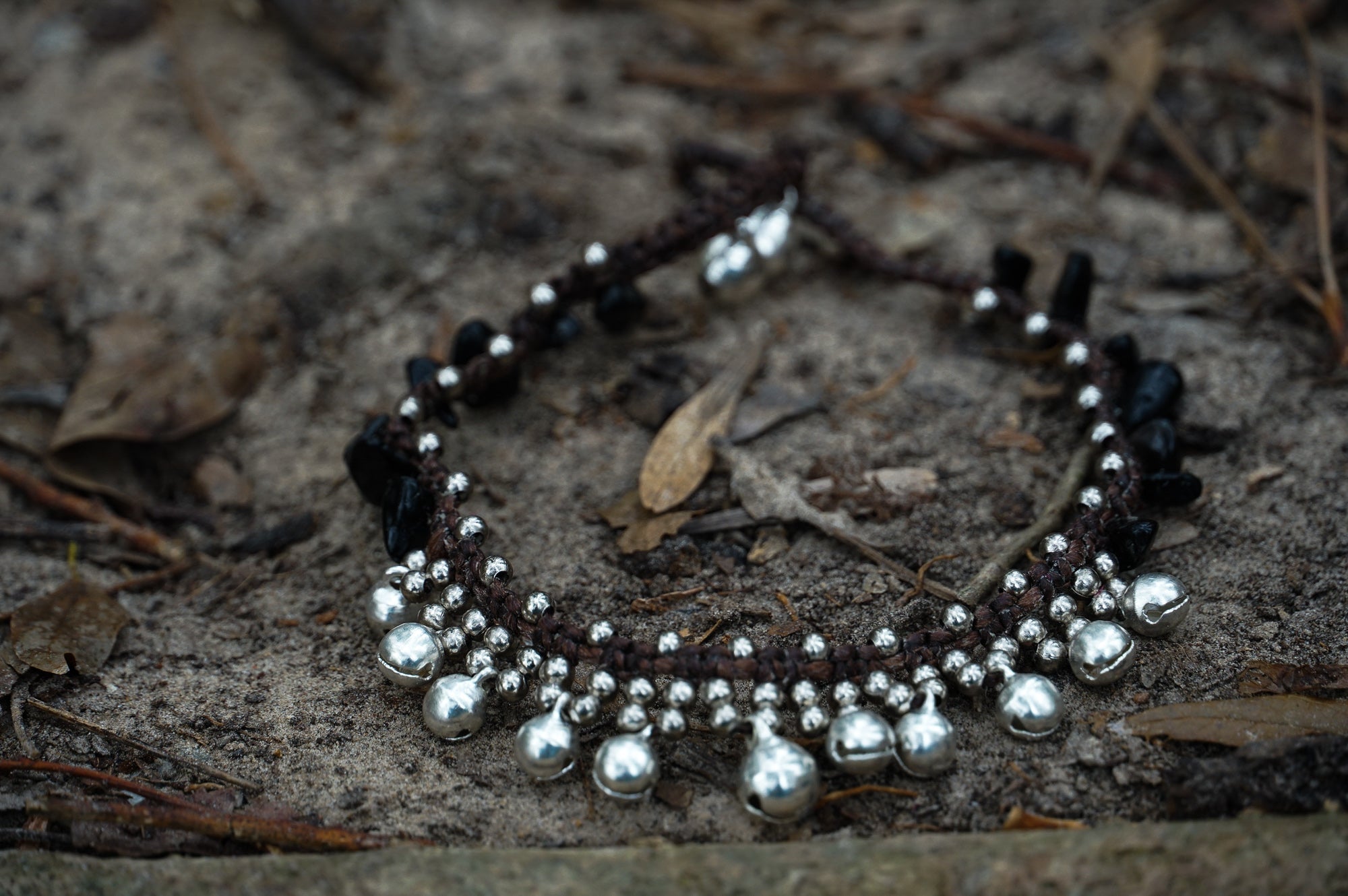 Black Beaded Boho Anklet With Silver Bells And Charms