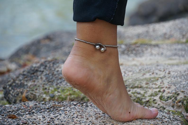 Black Beaded Boho Anklet With Silver Bells And Charms