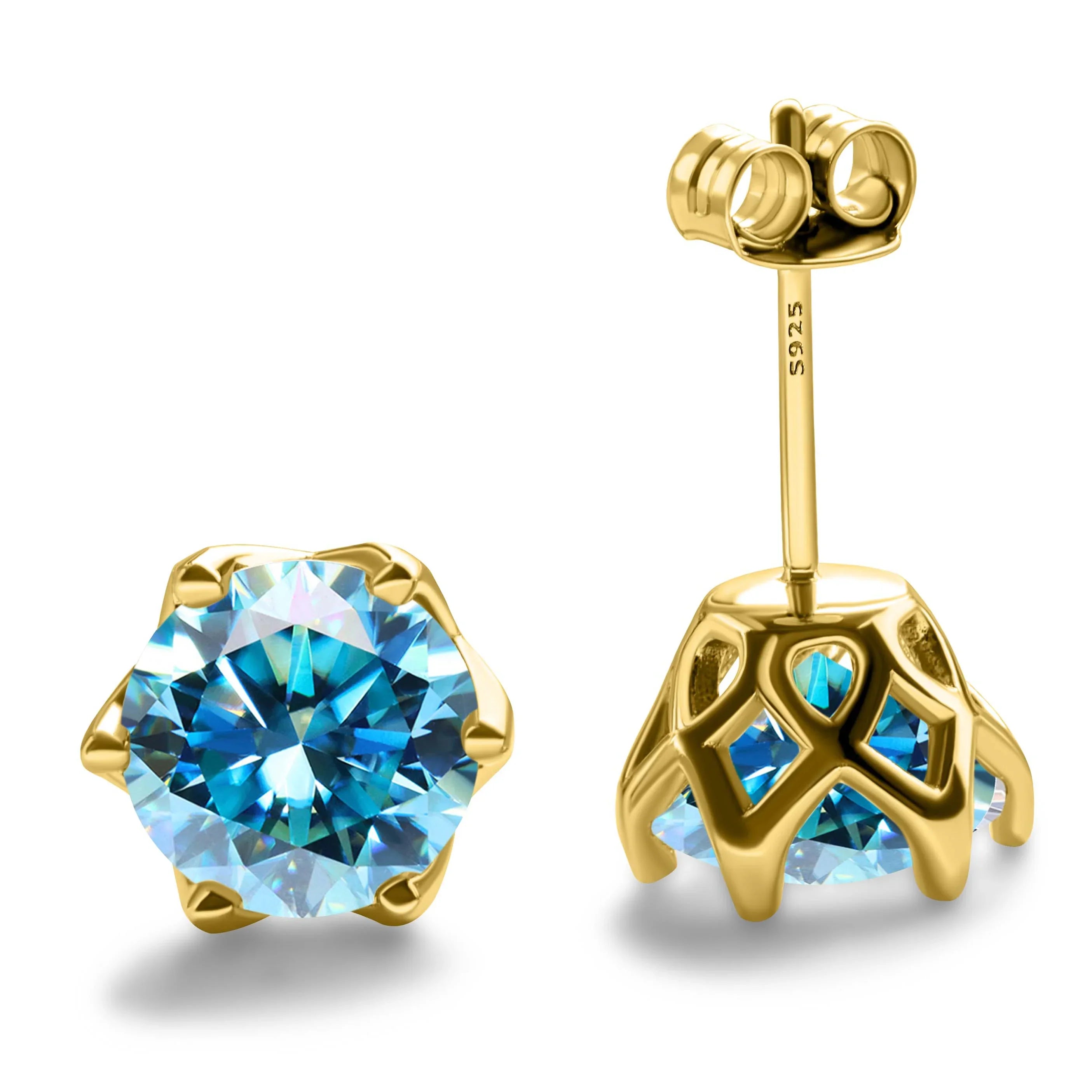 1-2 Carat D Color Moissanite Earrings 925 Sterling Silver Studs For Women sea blue