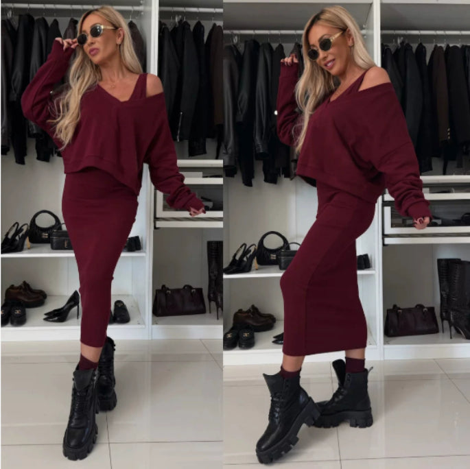 Women's Two Piece Dress Suit Fashion Long-sleeved V-neck Pullover Sweatshirt And Sleeveless Dresses Set Dark Red