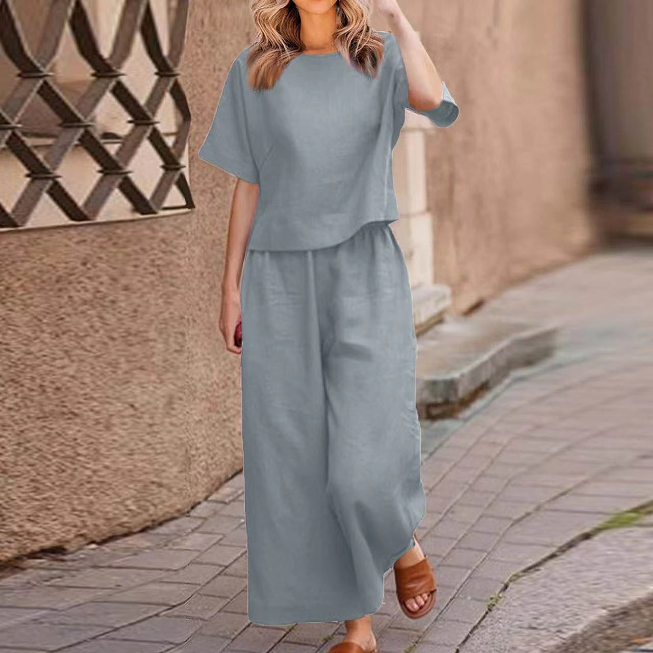European And American Women's Linen Casual Loose Solid Color Suit Two-piece Women Grey