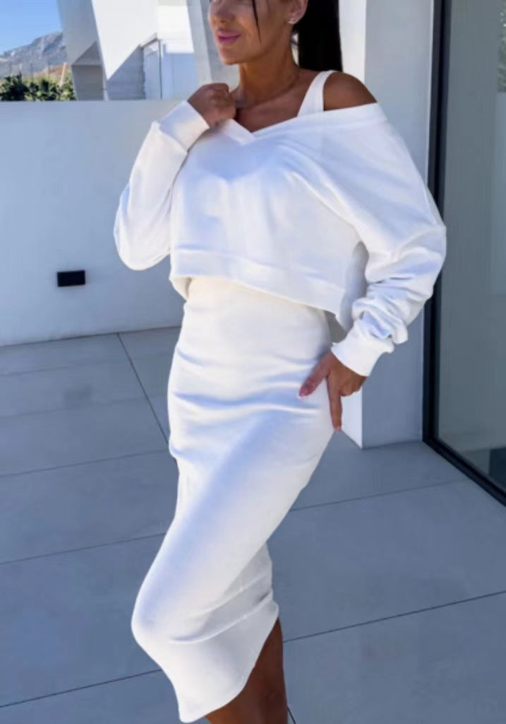 Women's Two Piece Dress Suit Fashion Long-sleeved V-neck Pullover Sweatshirt And Sleeveless Dresses Set White