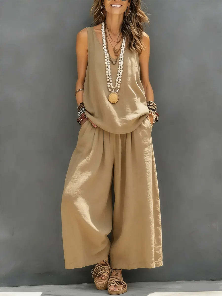 Womens Solid-Colored Casual Sleeveless Tank Top And Wide-Leg Pants Cotton-Linen Set Khaki