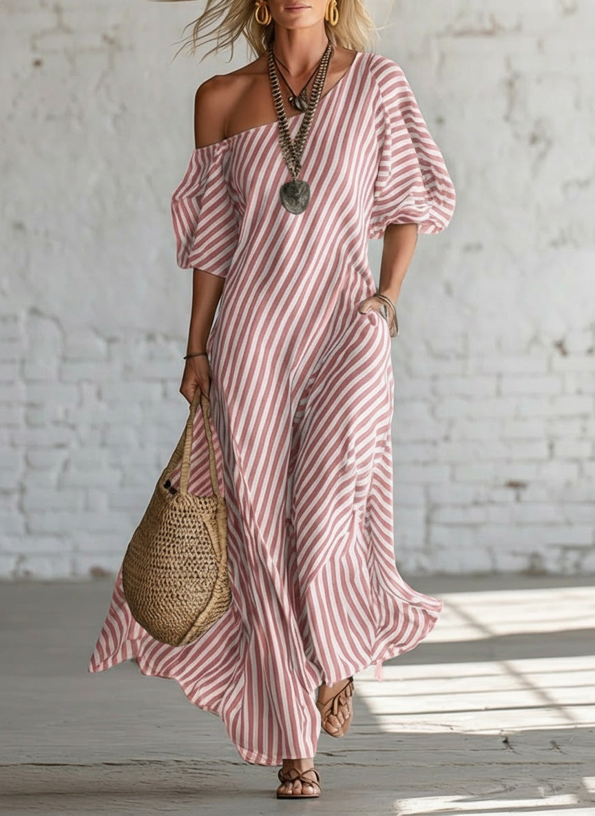 Womens Striped Off-shoulder Dress Pink
