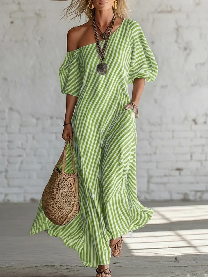 Womens Striped Off-shoulder Dress Green