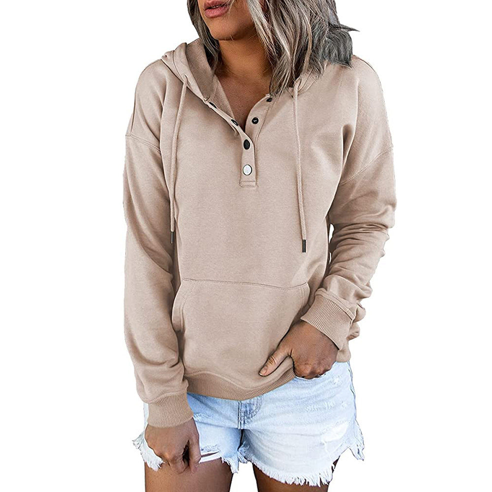 Long-sleeved Hooded Sweatshirt With Pockets Fashion Casual Button Drawstring Design Hoodie Top Spring And Autumn Sports Clothing For Women Apricot
