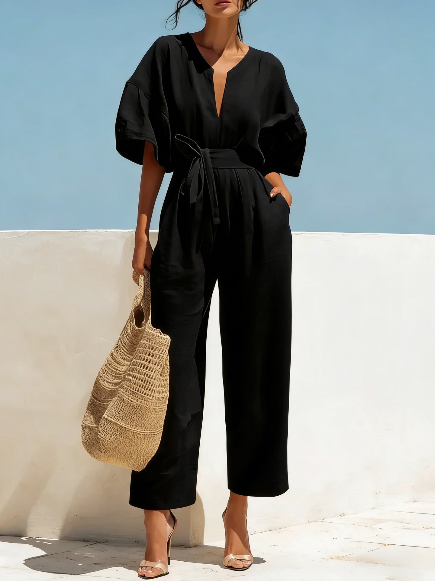 Fashionable V-Neck Solid Color Cotton-Linen Jumpsuit For Women Black