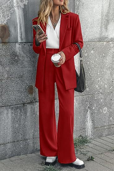 Women's Fashion Casual Solid Color Coat Trousers Suit Red