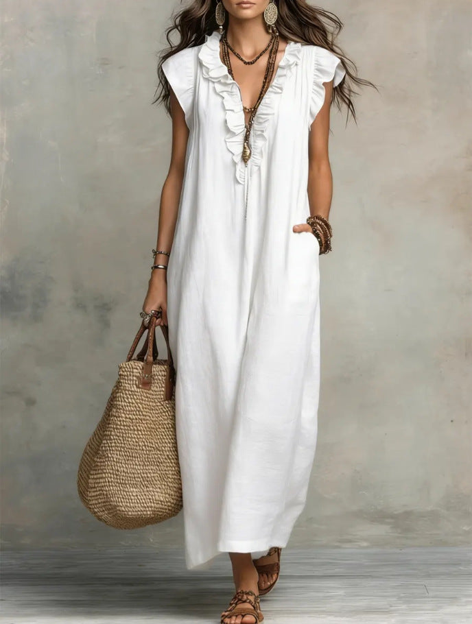 Women's Spring Summer Pocket Ruffle Elegant Dress White