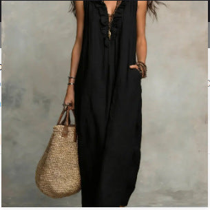 Women's Spring Summer Pocket Ruffle Elegant Dress Black
