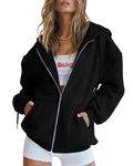 Women's Fashion Casual Solid Color Drawstring Zipper Hooded Sweatshirt Black
