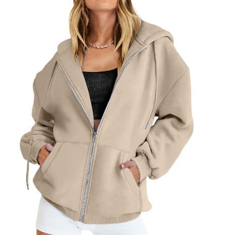 Women's Fashion Casual Solid Color Drawstring Zipper Hooded Sweatshirt Khaki