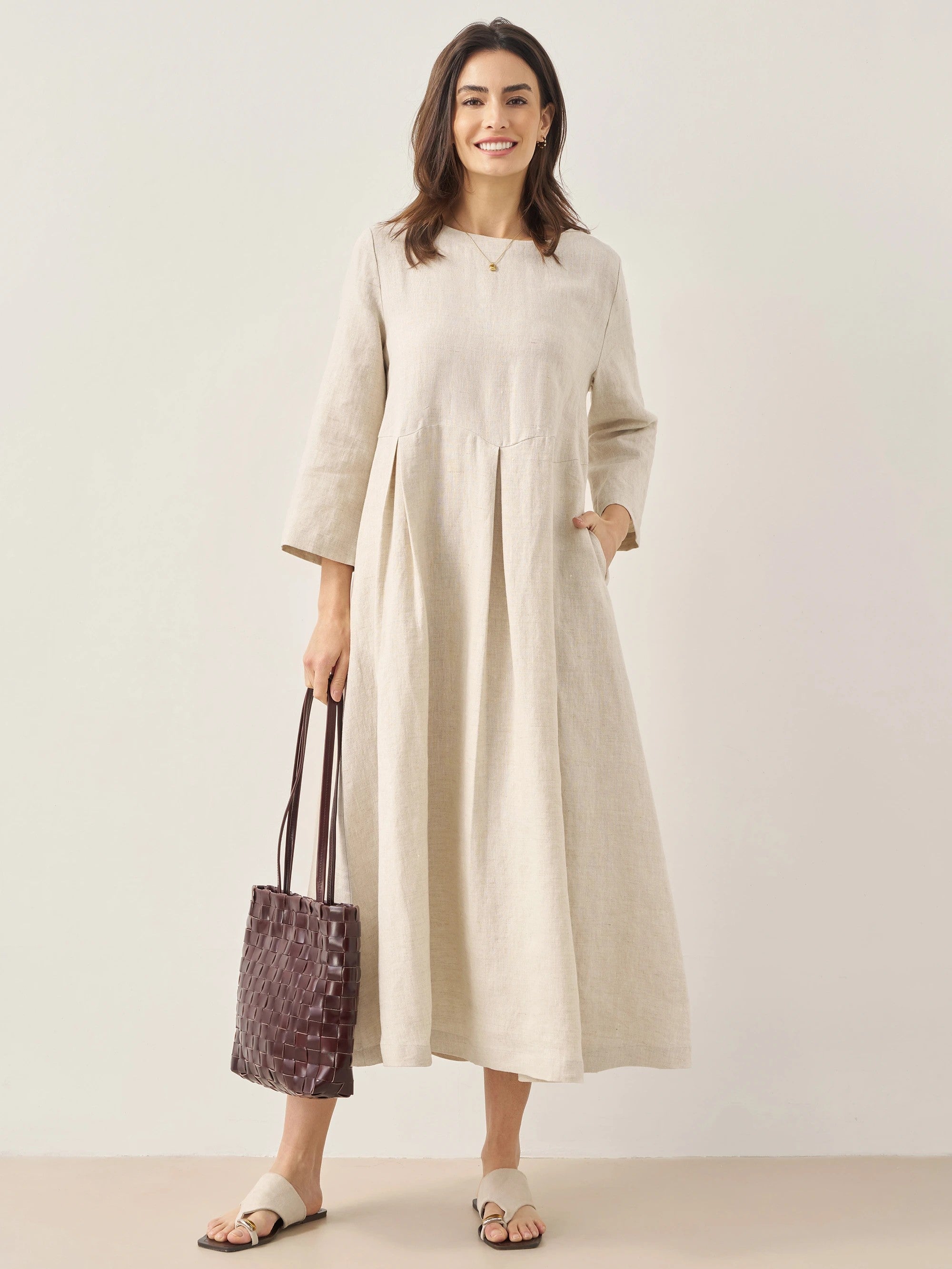 100% Linen Bateau Neck Pleated Maxi Dress ABIGAIL Natural Linen