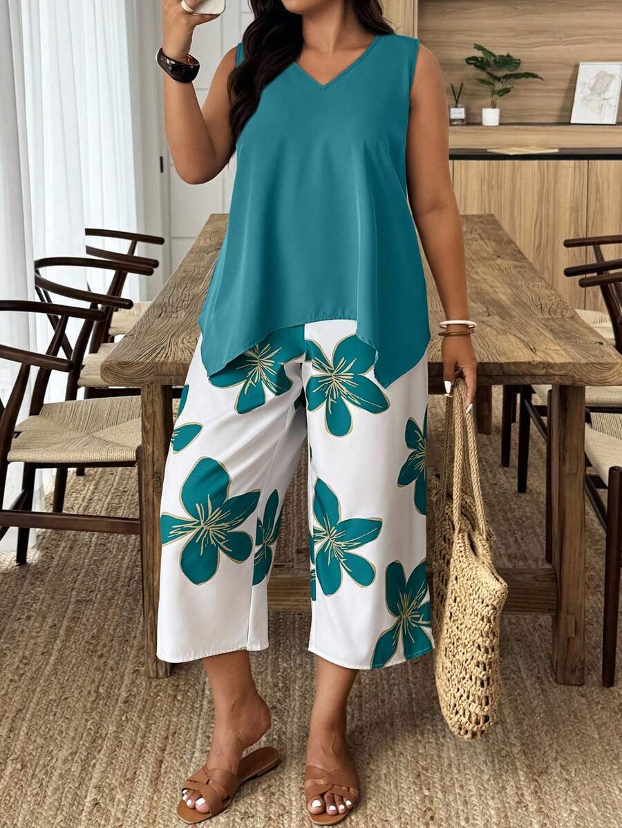 Women's Casual Elegant Printed Cropped Pants Set Lake Blue