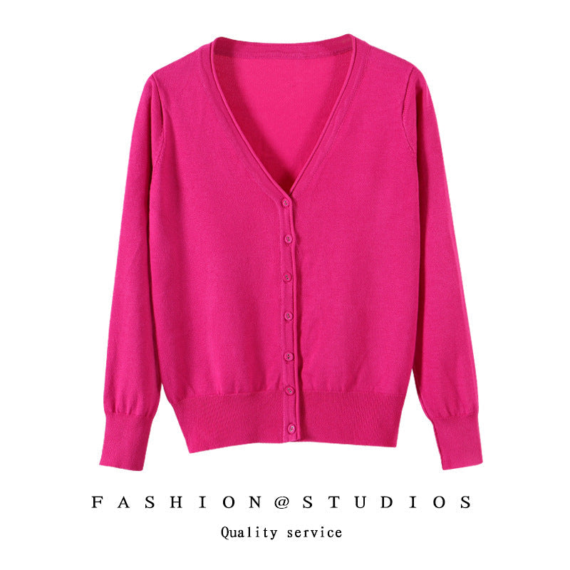 Women's Slim-fit SpringAutumn Plus-size Knitted Cardigan Rose Red