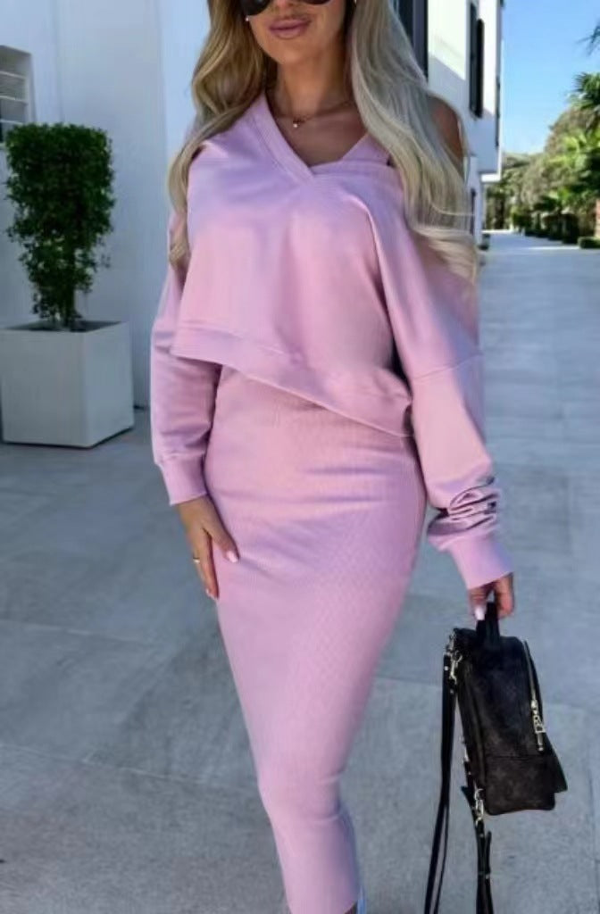 Women's Two Piece Dress Suit Fashion Long-sleeved V-neck Pullover Sweatshirt And Sleeveless Dresses Set Pink
