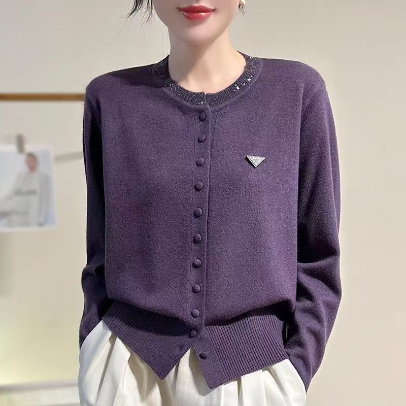 Womens Round-Neck, Diamond-Embellished, Solid-Colored Knit Cardigan Purple