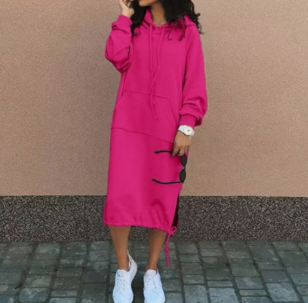 Casual Long-sleeved Hooded Sweater With Pocket Fashion Drawstring Long Sweatshirt Womens Clothing Rose red