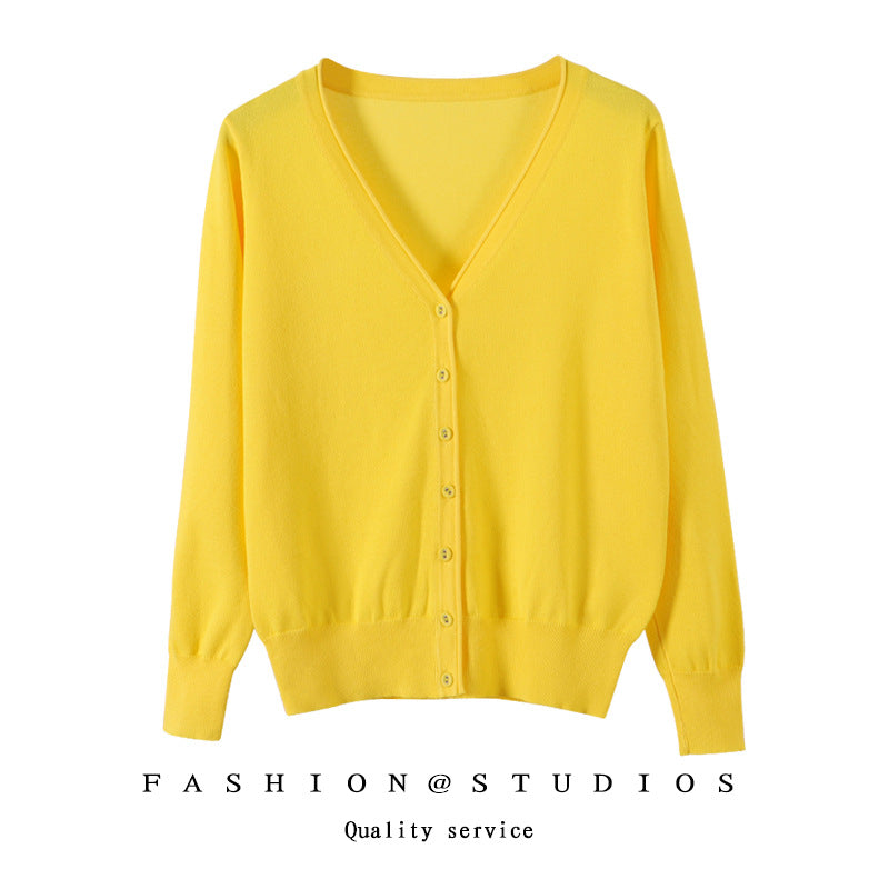 Women's Slim-fit SpringAutumn Plus-size Knitted Cardigan Bright Yellow