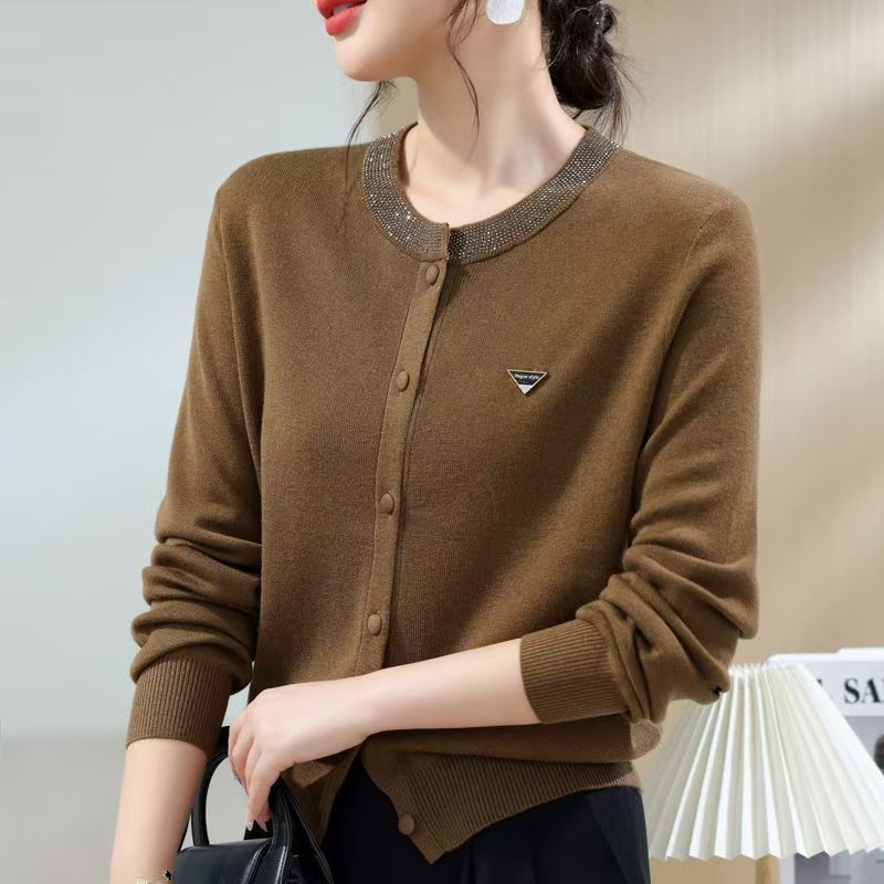 Womens Round-Neck, Diamond-Embellished, Solid-Colored Knit Cardigan Coffee Color