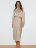 Elegant Temperament Long-sleeved Dress Satin Halterneck Formal Evening Dresses Women Clothing GQTG007 Apricot