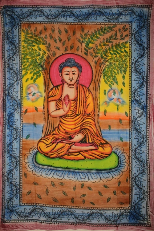 Buddha Meditation Tapestry Under Bodhi Tree Wall Art 80 x 55 Red Cotton