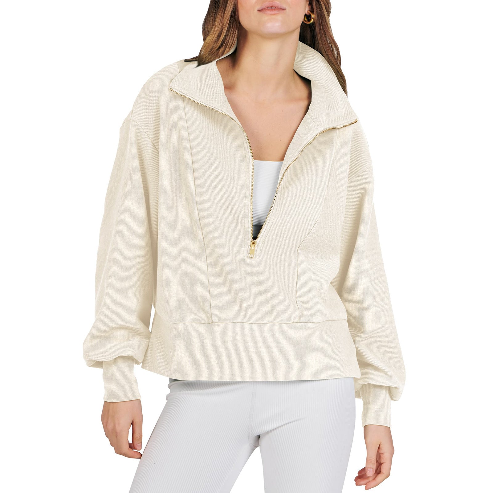 Women's Half-zip Pullover Long-sleeved Sweatshirt Apricot