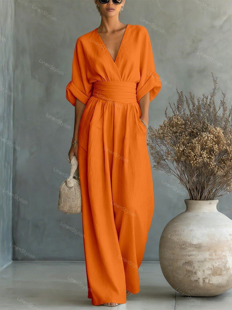 Waist-cinching V-neck Elegant Womens Jumpsuit Orange