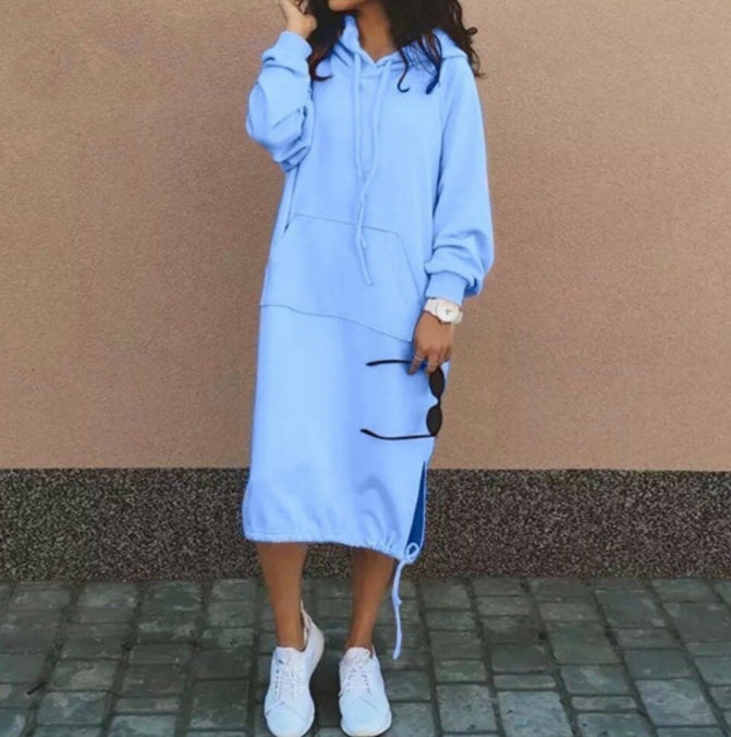 Casual Long-sleeved Hooded Sweater With Pocket Fashion Drawstring Long Sweatshirt Womens Clothing Sky Blue