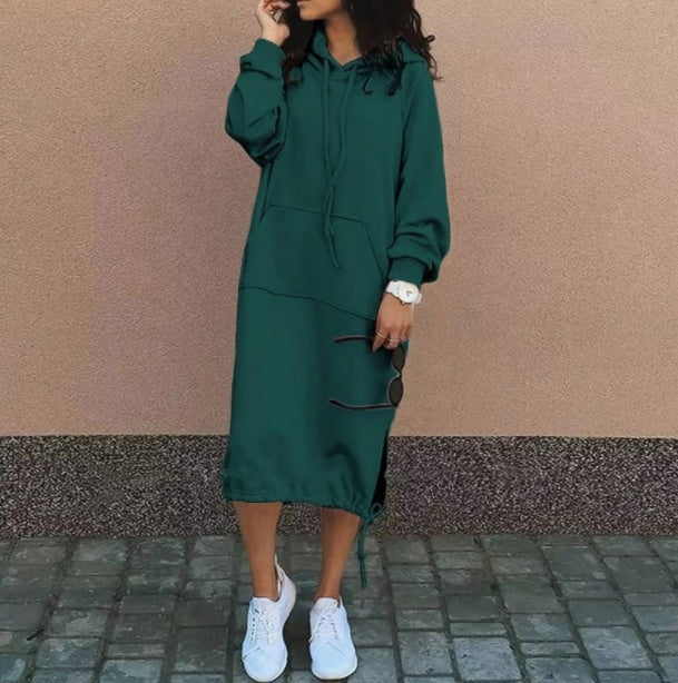 Casual Long-sleeved Hooded Sweater With Pocket Fashion Drawstring Long Sweatshirt Womens Clothing Green