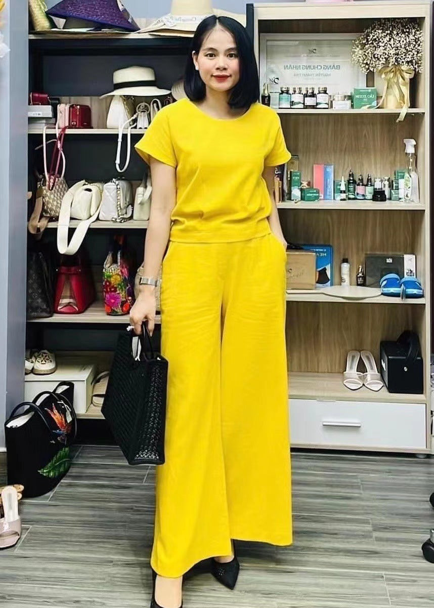 European And American Women's Linen Casual Loose Solid Color Suit Two-piece Women Yellow