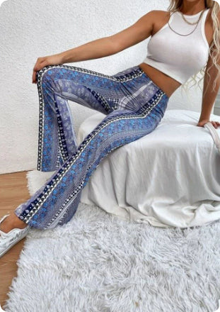 High Elastic Tight Pants Slim Sexy Print Trousers Womens Clothing Sky Blue