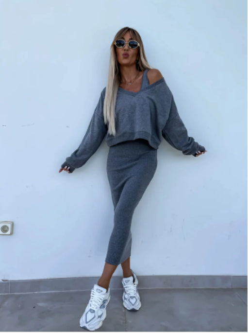 Women's Two Piece Dress Suit Fashion Long-sleeved V-neck Pullover Sweatshirt And Sleeveless Dresses Set Dark Grey