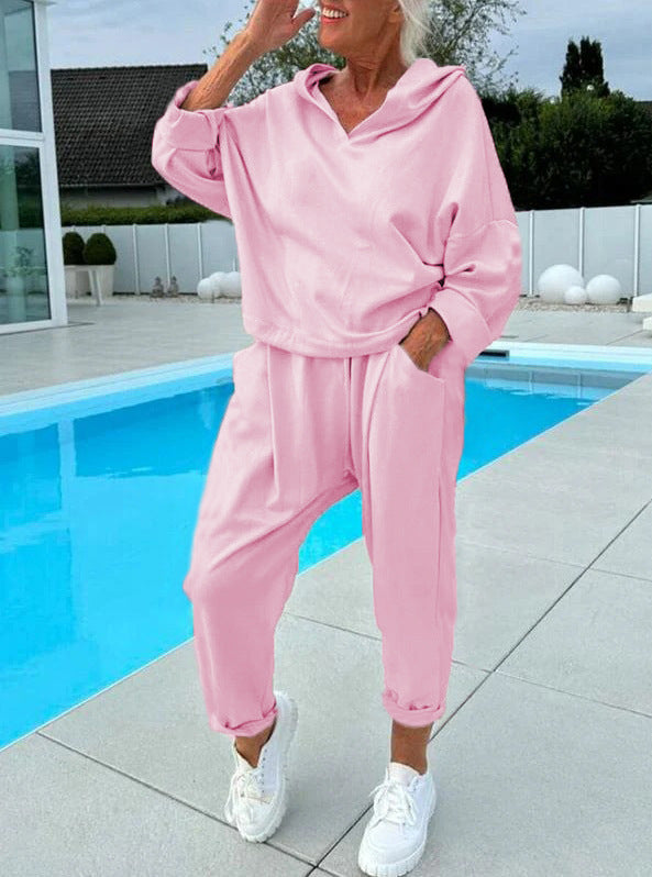 Women's Solid Color Hooded Sweatshirt Two-piece Set Pink