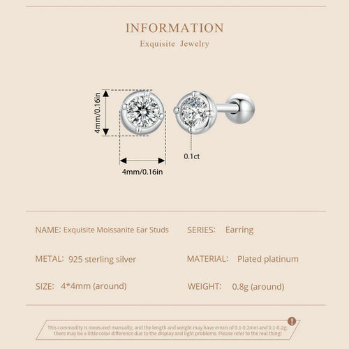 0.1 Ct Moissanite Stud Earrings 925 Sterling Silver Round Bridal Jewelry