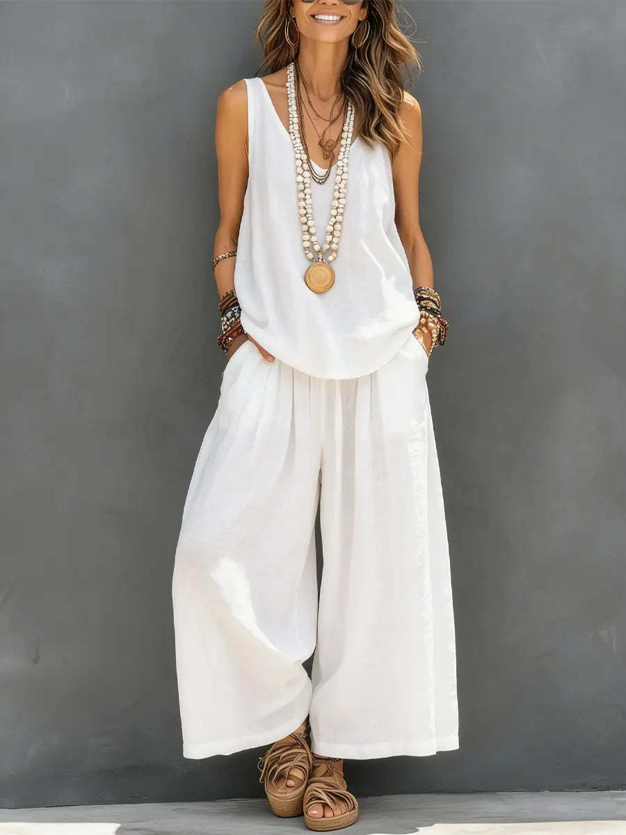 Womens Solid-Colored Casual Sleeveless Tank Top And Wide-Leg Pants Cotton-Linen Set White