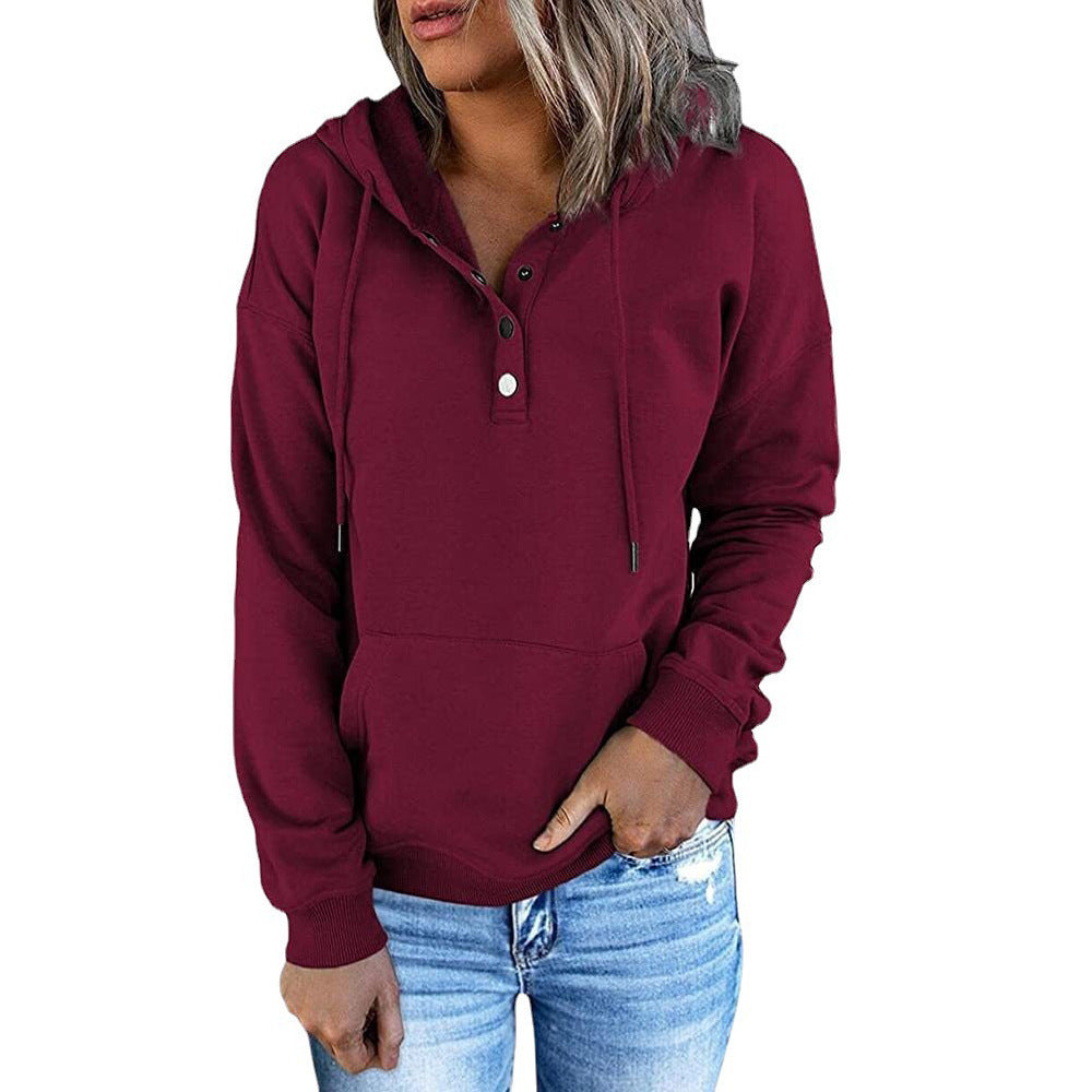 Long-sleeved Hooded Sweatshirt With Pockets Fashion Casual Button Drawstring Design Hoodie Top Spring And Autumn Sports Clothing For Women Wine Red