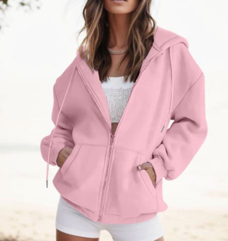 Women's Fashion Casual Solid Color Drawstring Zipper Hooded Sweatshirt Pink S