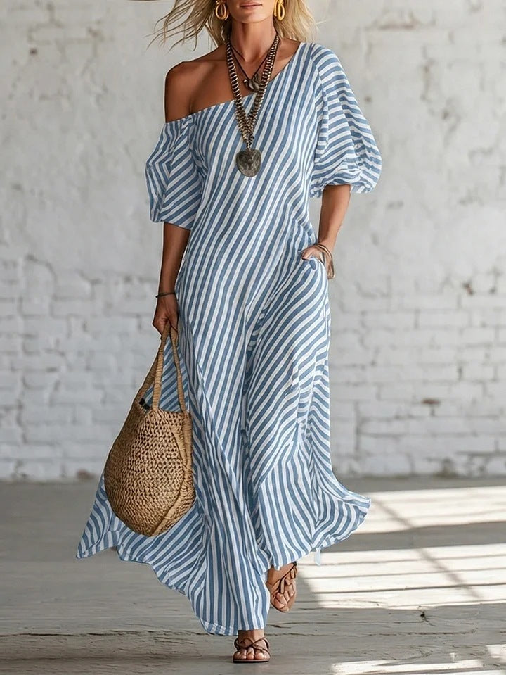 Womens Striped Off-shoulder Dress Blue
