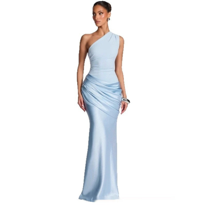 Elegant Womens Long One-Shoulder Dress Sky Blue
