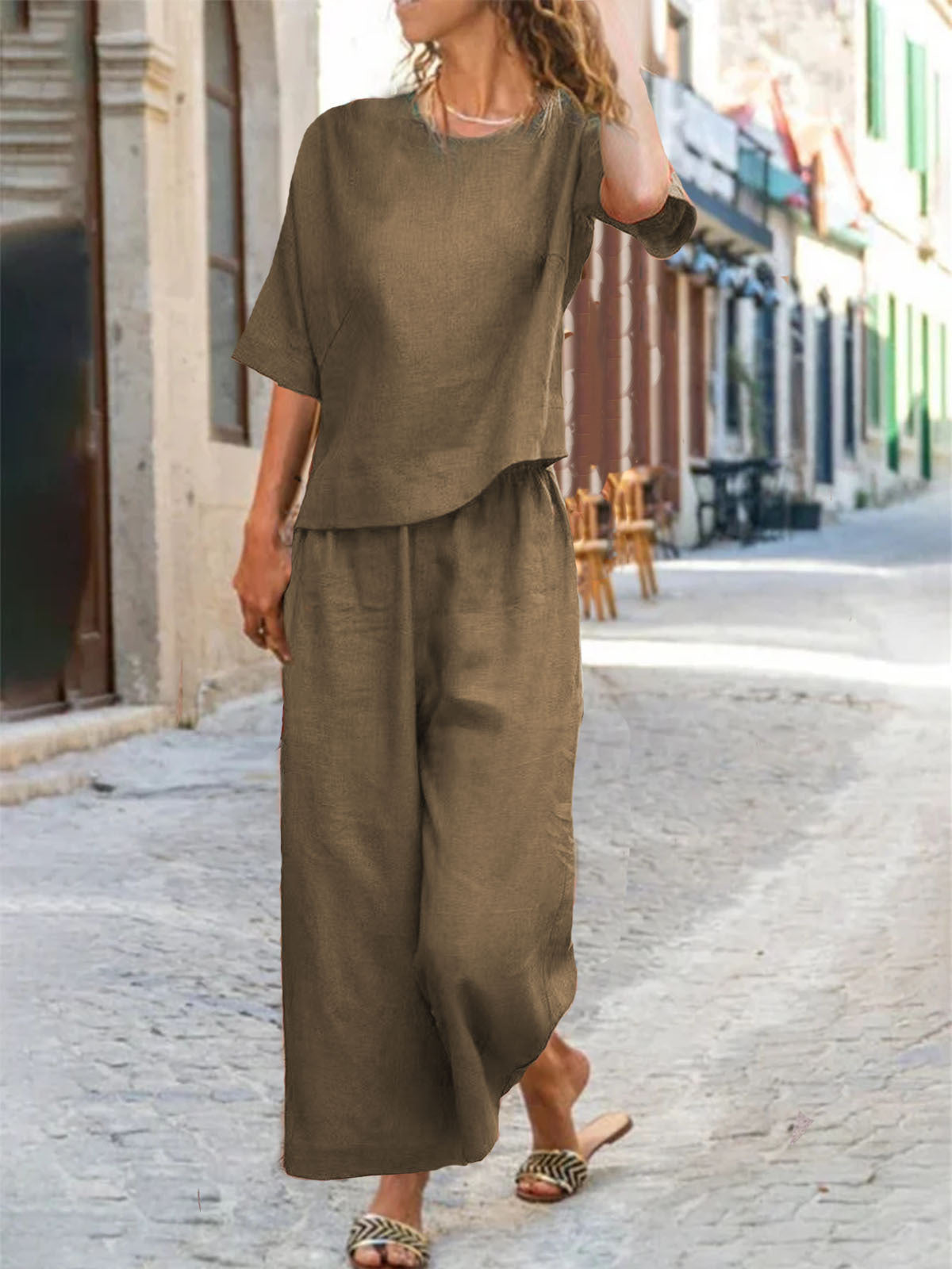 European And American Women's Linen Casual Loose Solid Color Suit Two-piece Women Khaki