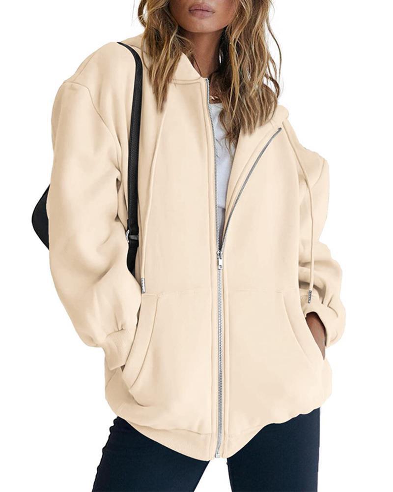 Women's Fashion Casual Solid Color Drawstring Zipper Hooded Sweatshirt Milky White