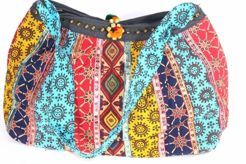 Festival Fireworks Mini Boho Jhola Duffle Bag Cotton Blue Red Yellow Patchwork Cotton