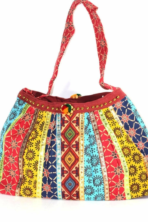 Festival Fireworks Mini Boho Jhola Duffle Bag Cotton Yellow Blue Red Patchwork Cotton