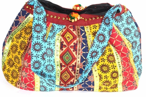 Festival Fireworks Mini Boho Jhola Duffle Bag Cotton Red Blue Yellow Patchwork Cotton