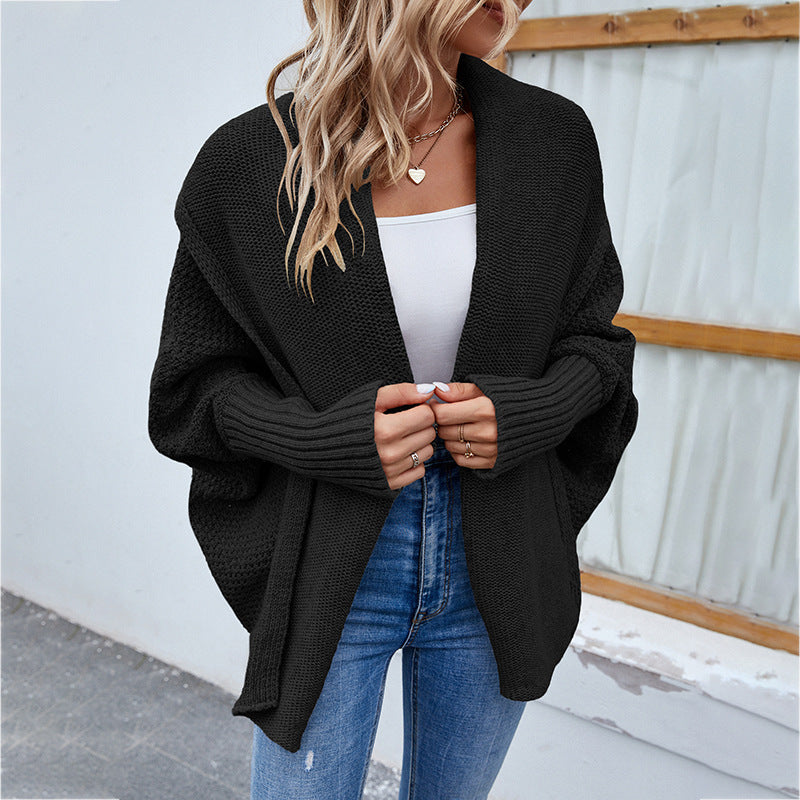 New Loose Knitted Sweater Solid Color Bat Sleeve Large Lapel Cardigan Autumn And Winter Fashion Jacket For Women Clothing Black