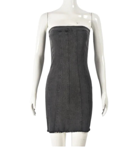 "Sexy Backless Strapless Denim Dress" Black XS